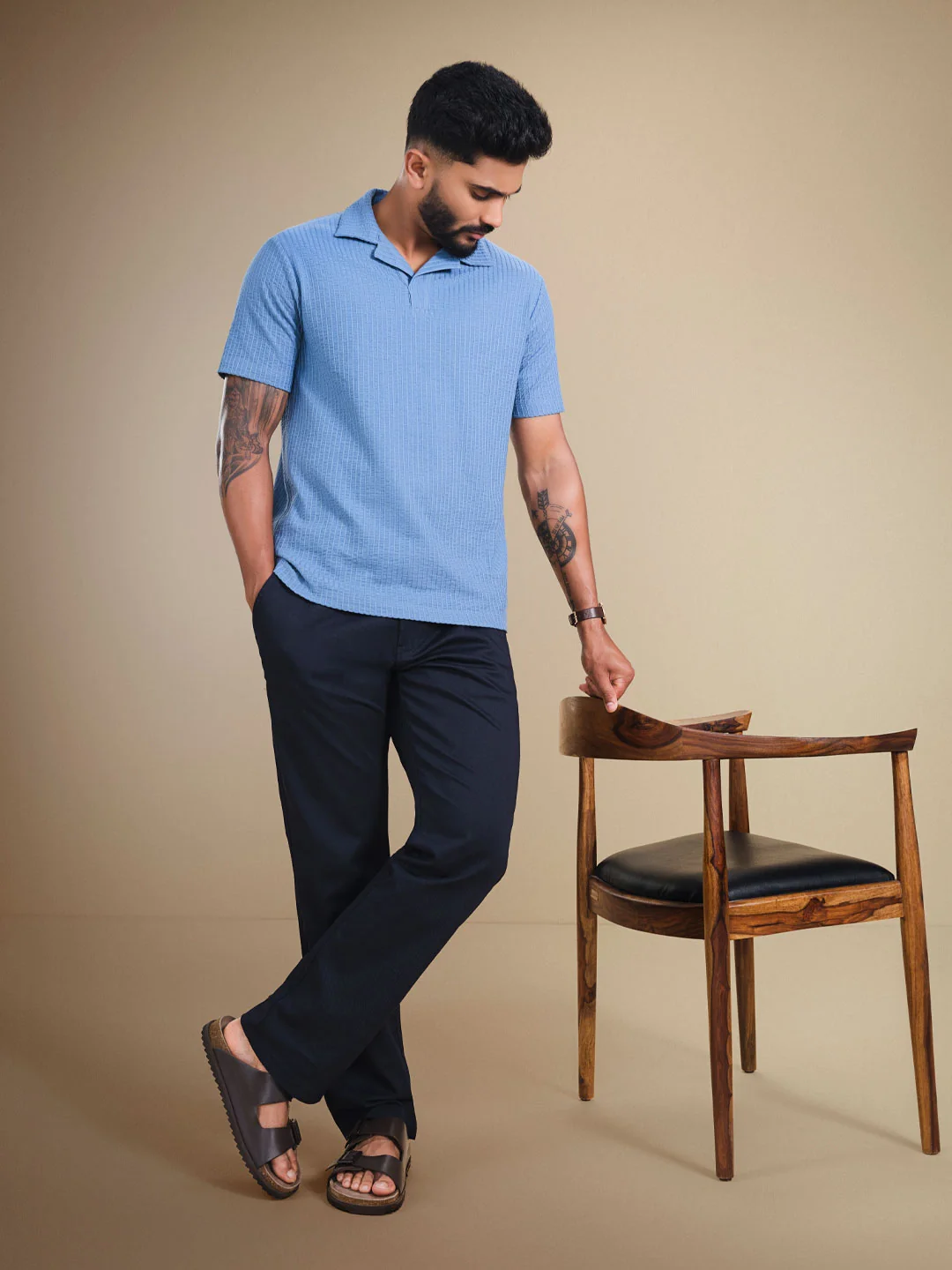Resort Collar Textured Seersucker Fabric Polo T-Shirt | Blue - Image 2