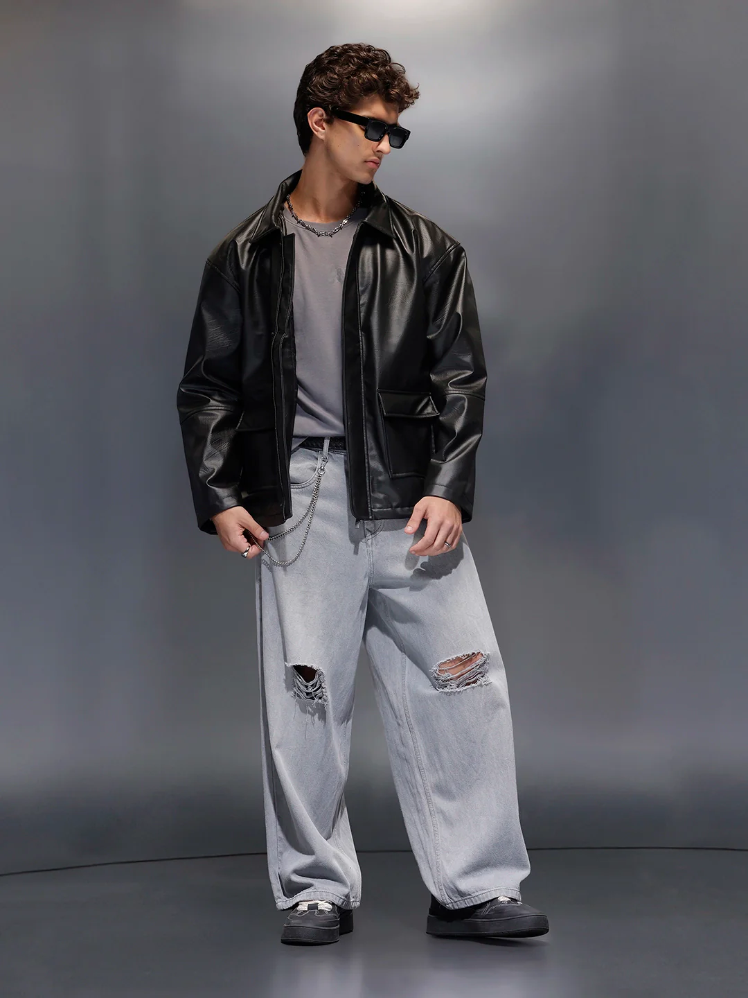 Men's Relaxed Fit Collared Fit PU Jacket | Black