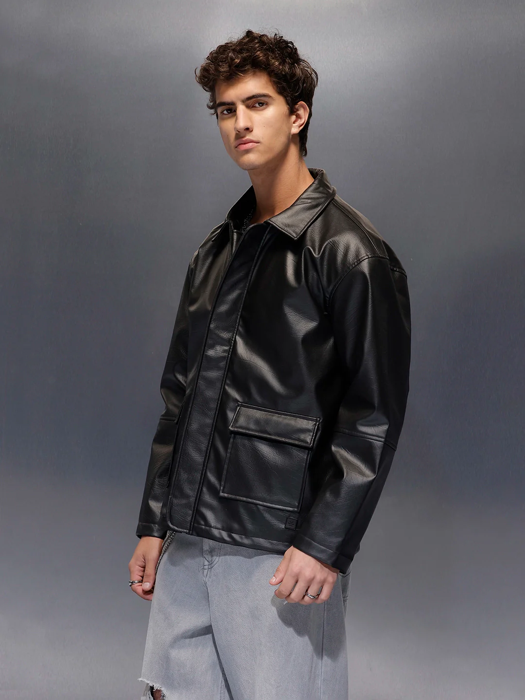 Men's Relaxed Fit Collared Fit PU Jacket | Black - Image 3