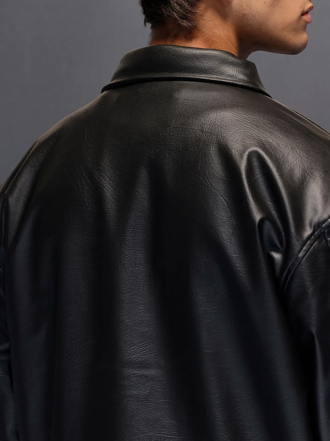 Men's Relaxed Fit Collared Fit PU Jacket | Black - Image 4
