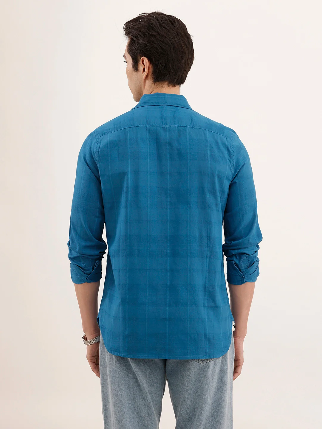 Men's slim fit casual shirt with checked weave pattern | Blue - Image 3