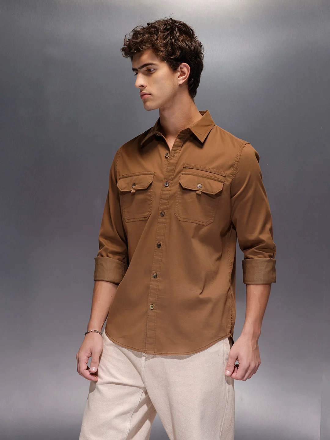 Men's Slim Fit Casual Shirt with Double Pocket | Khaki - Image 4