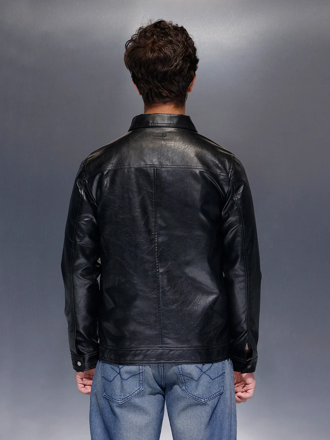 Men's Slim Fit PU Collared Jacket | Black - Image 3