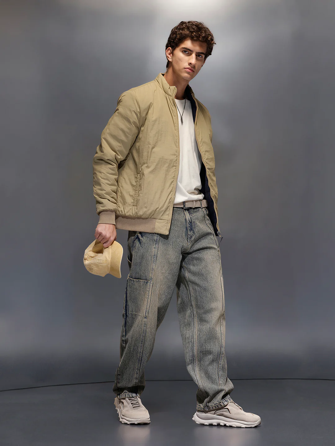 Men's Slim Fit Zip-up Nylon Jacket with Bottom Rib | Olive - Image 2