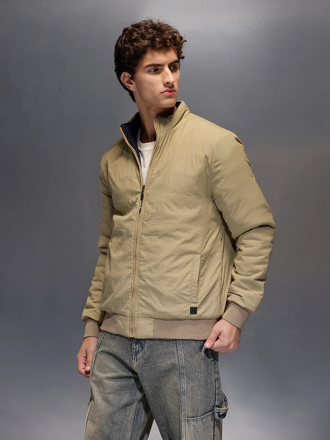 Men's Slim Fit Zip-up Nylon Jacket with Bottom Rib | Olive - Image 4