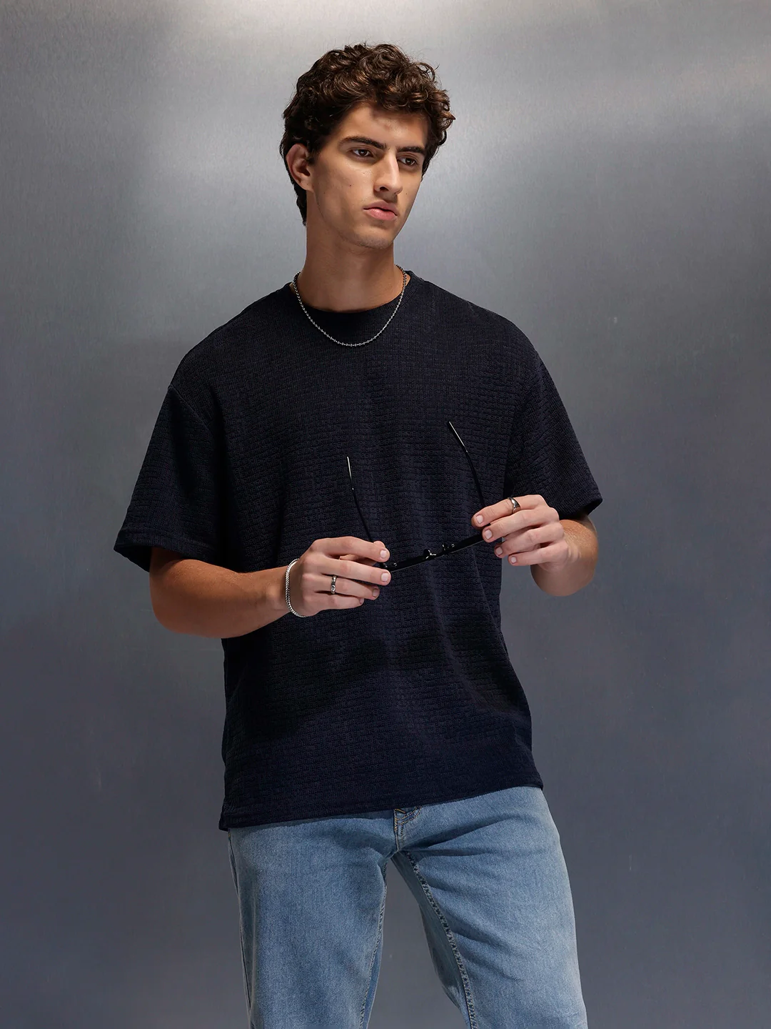 Men's Textured Oversized T-shirt | Navy Blue
