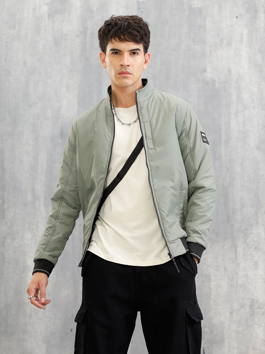 Mock Neck Full Zippered Regular Fit Jacket | Green