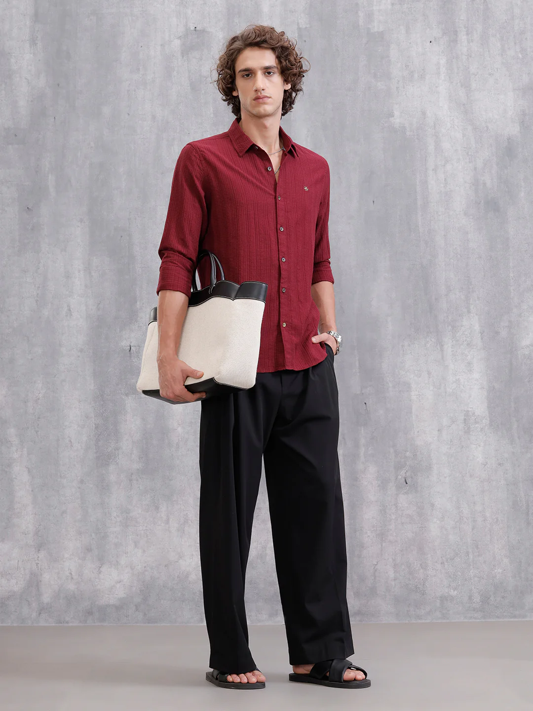 Modal Blend Seersucker Shirt In Slim Fit | Dark Maroon - Image 2