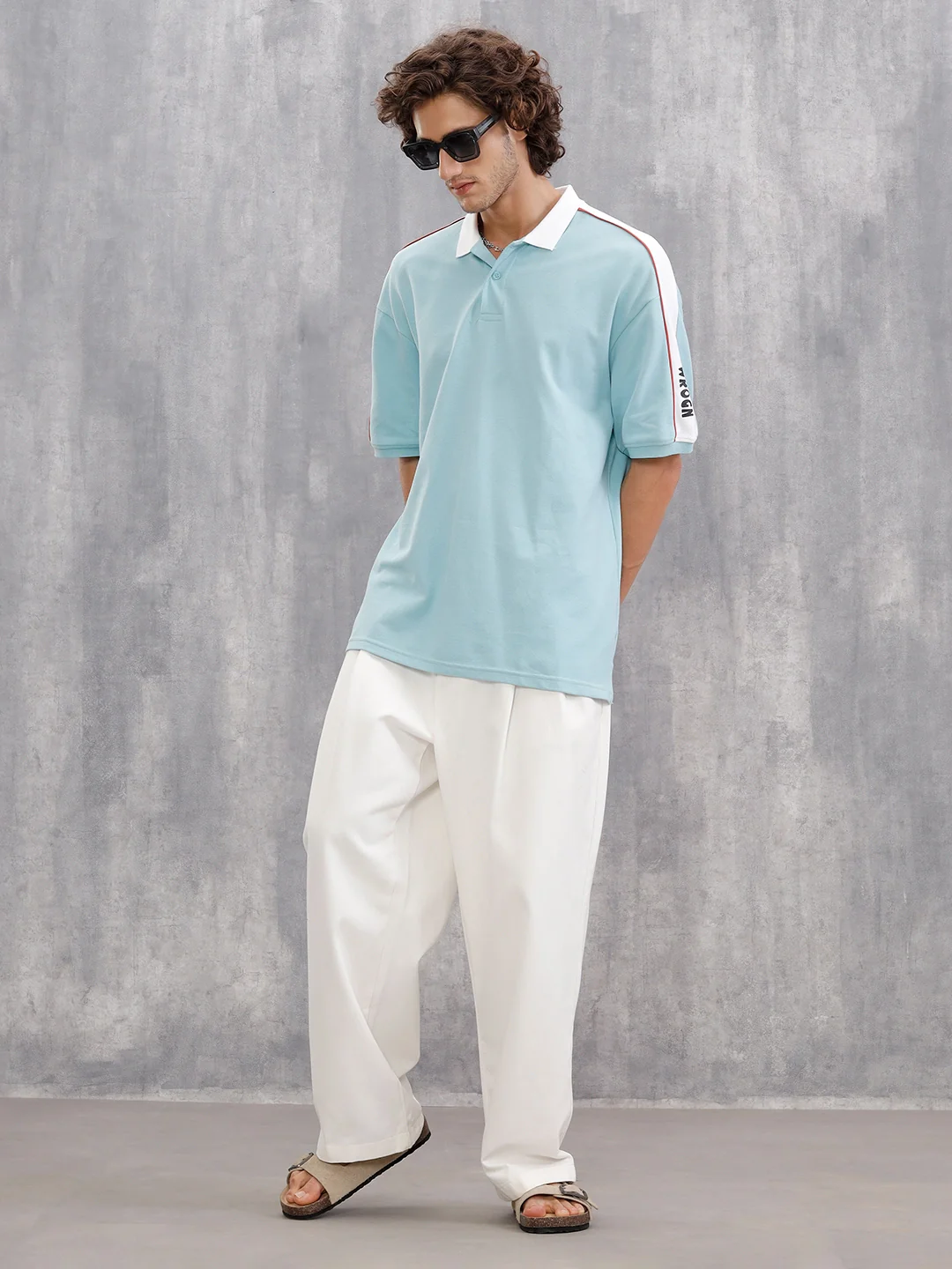 Oversize Solid Polo With Shoulder Tape Detail | Teal - Image 2