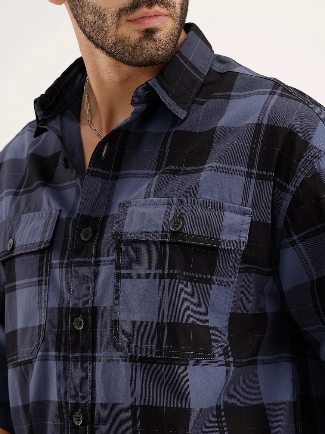 Oversized Checkered Double Pocket Shirt | Blue - Image 5