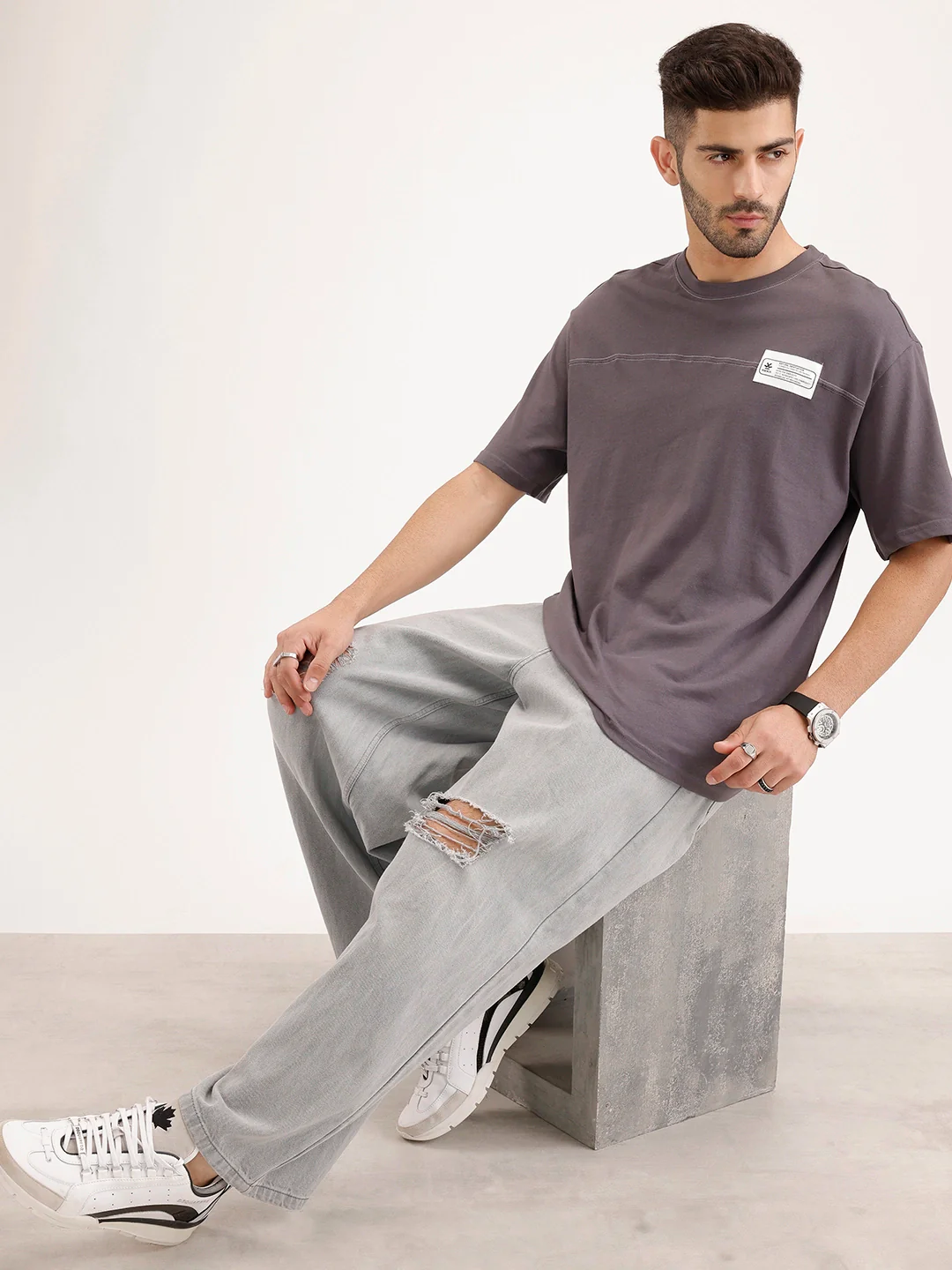 Oversized Cut & Sew Patch Tshirt | Dark Grey - Image 2