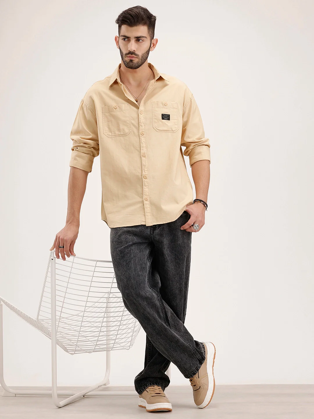 Oversized Double Pocket Fit Shirt | Beige - Image 2
