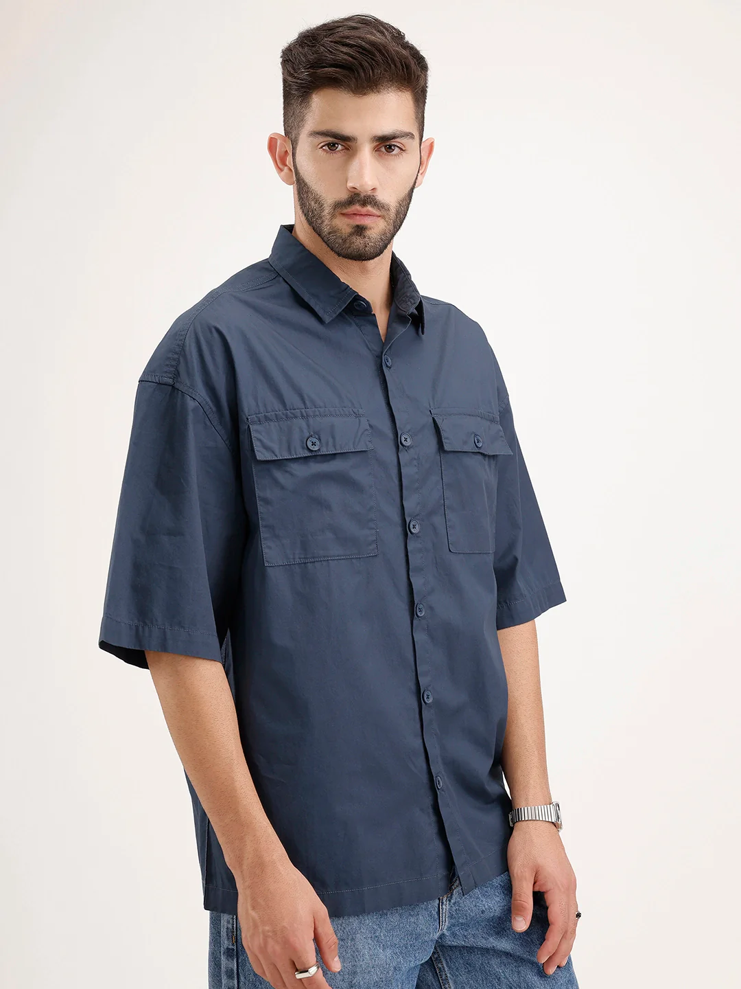Oversized Double Pocket Half Sleeve Shirt | Blue - Image 4