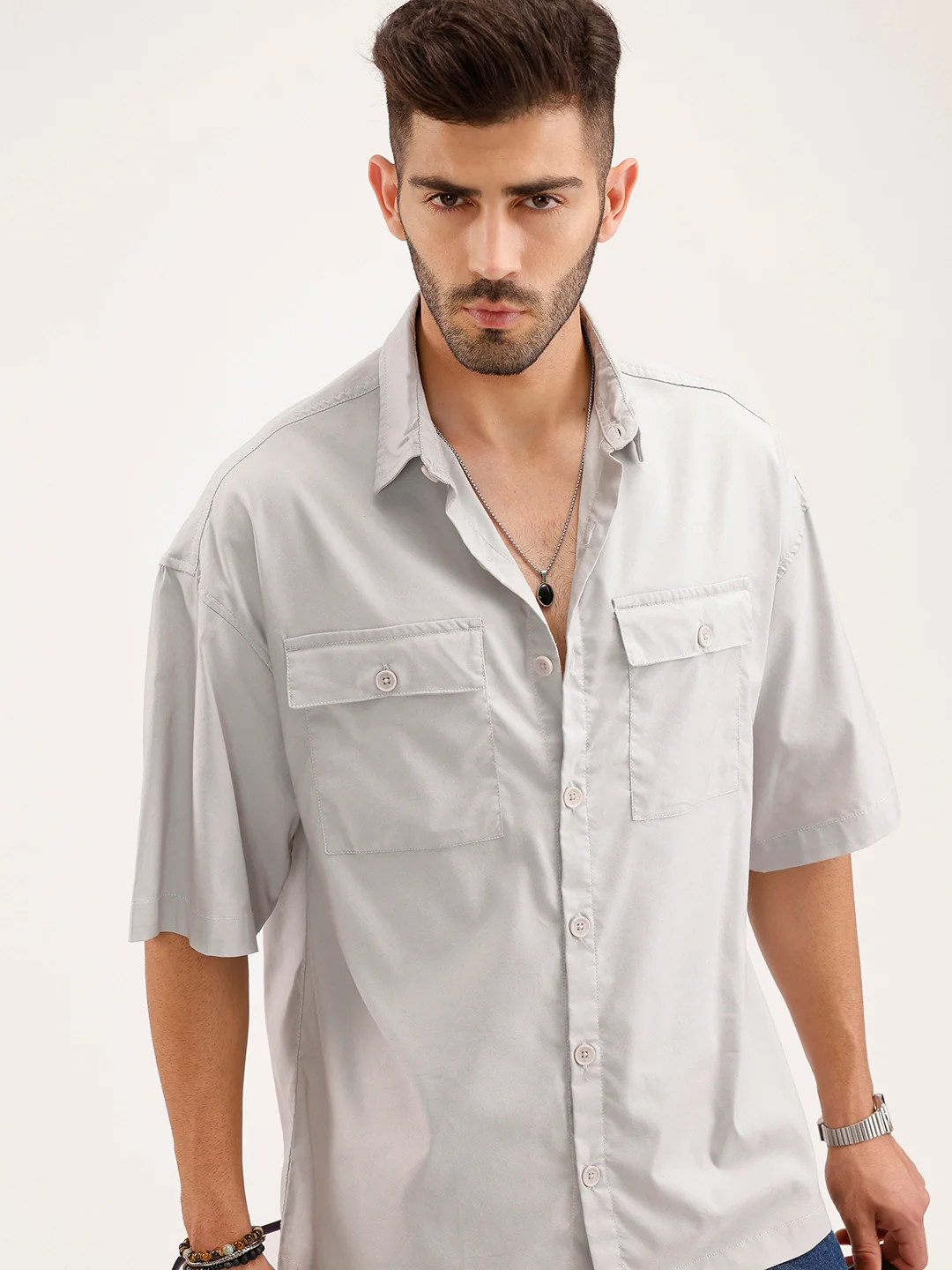 Oversized Double Pocket Half Sleeve Shirt | Grey