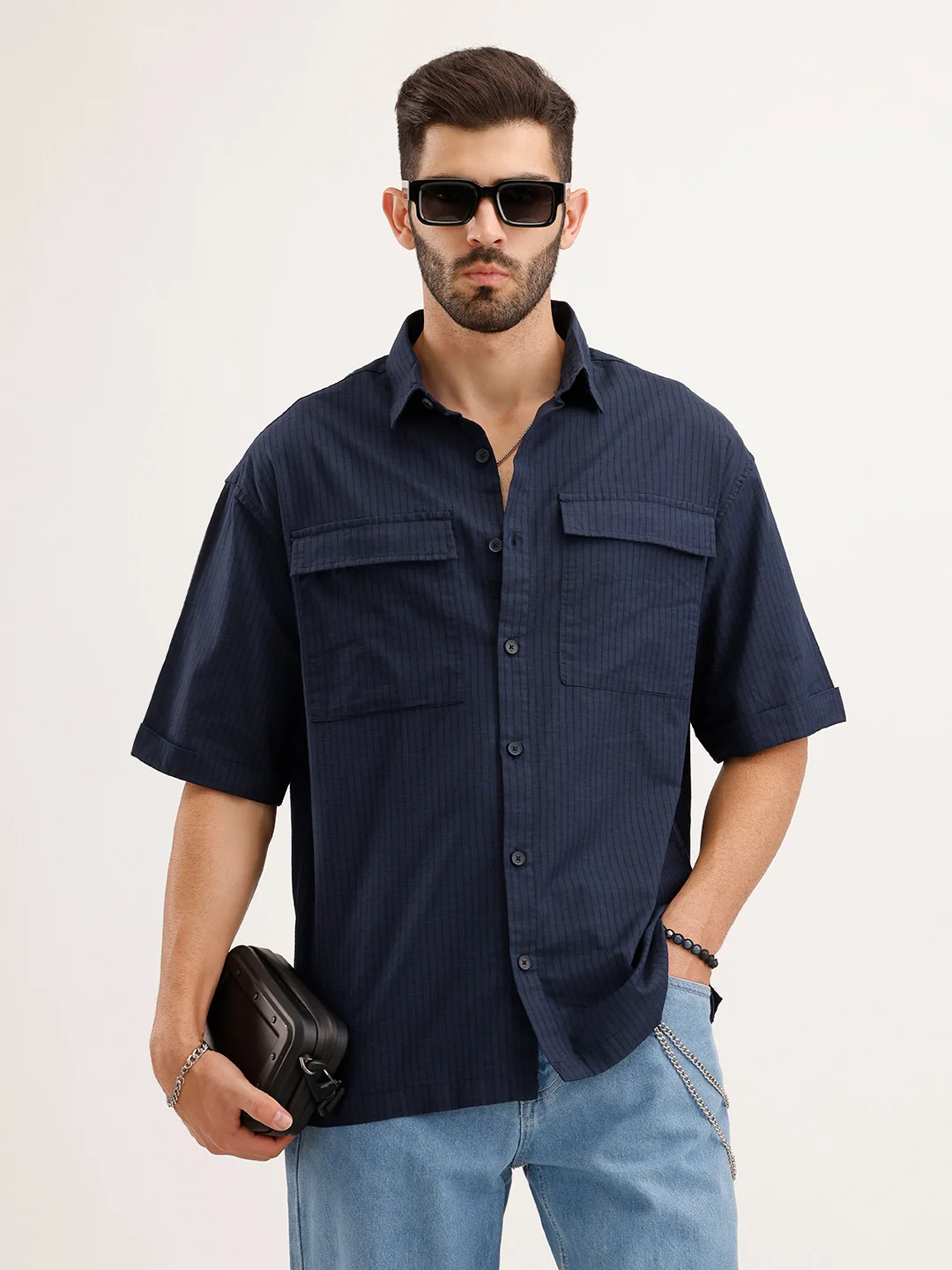 Oversized Double Pocket Striped Shirt | Navy Blue