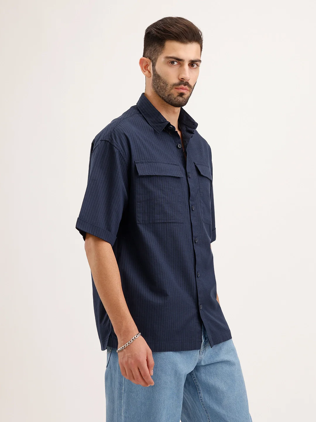 Oversized Double Pocket Striped Shirt | Navy Blue - Image 4
