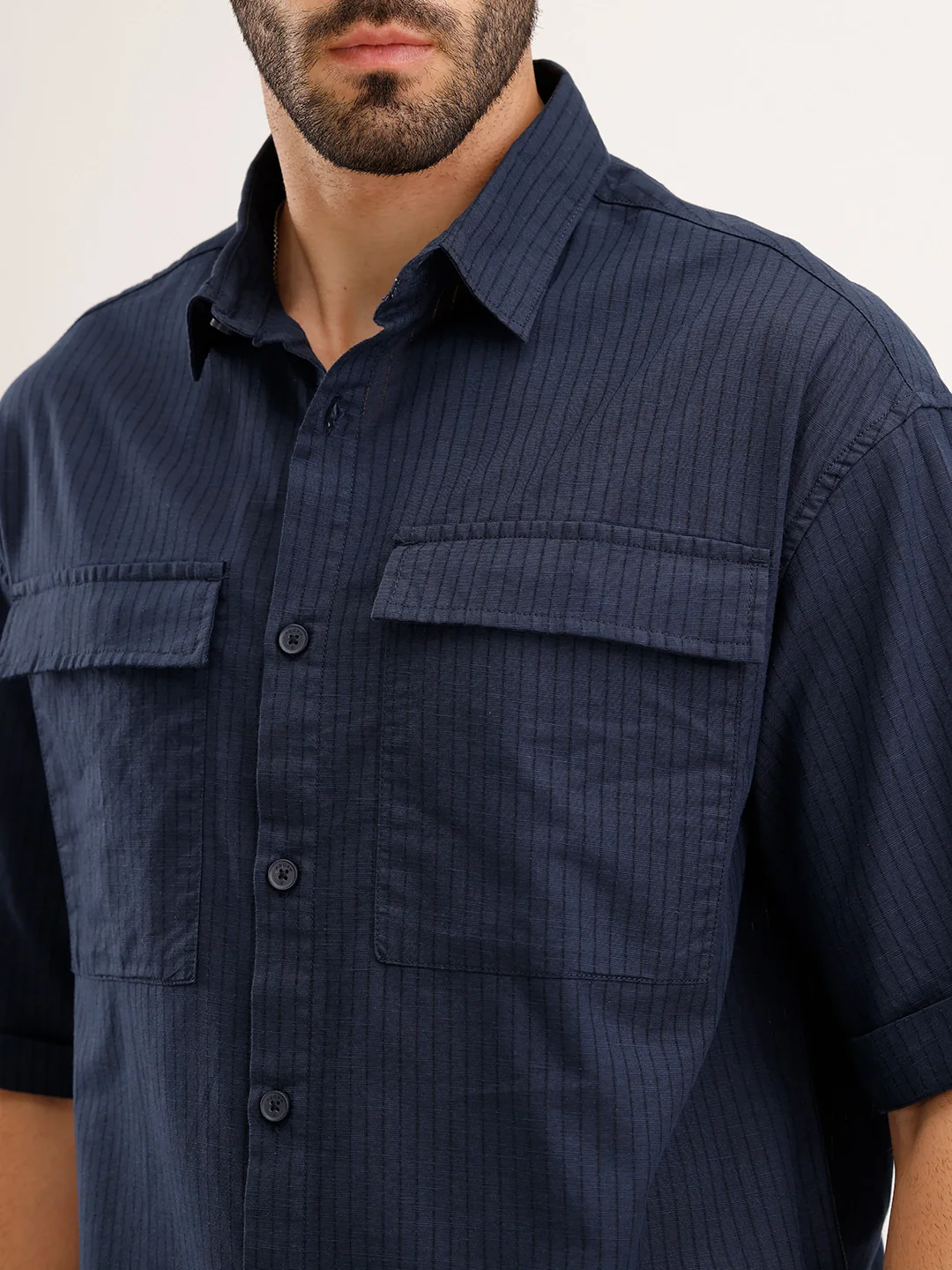 Oversized Double Pocket Striped Shirt | Navy Blue - Image 5