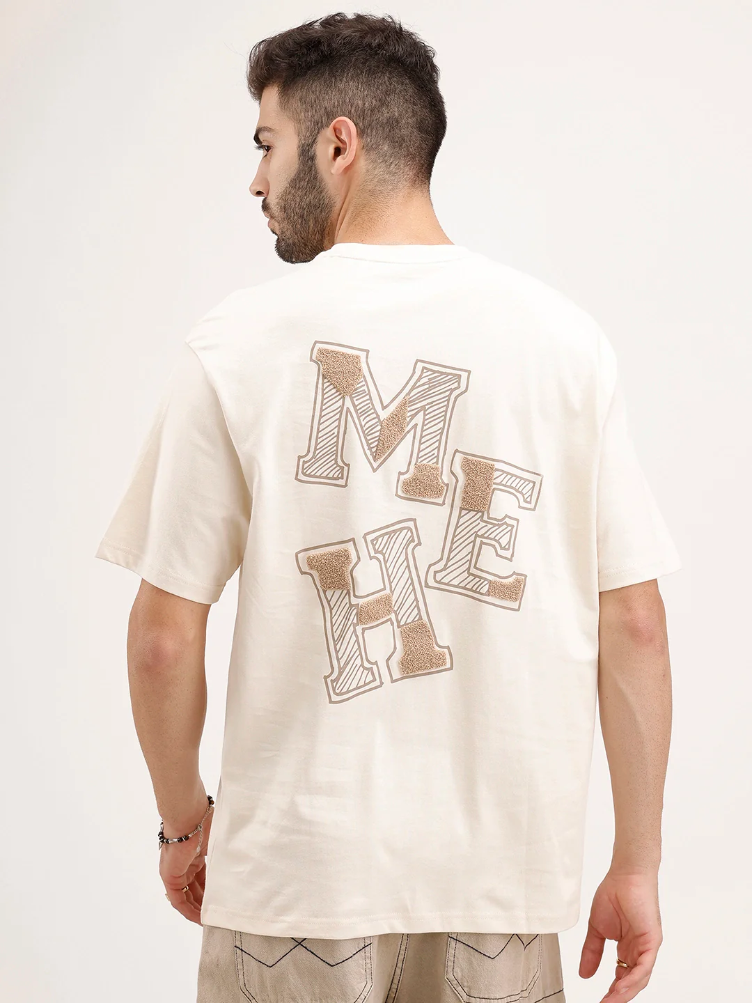 Oversized Embrodered Patch Detail T-Shirt | Beige - Image 3