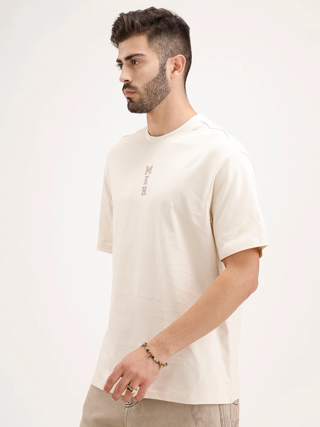 Oversized Embrodered Patch Detail T-Shirt | Beige - Image 4