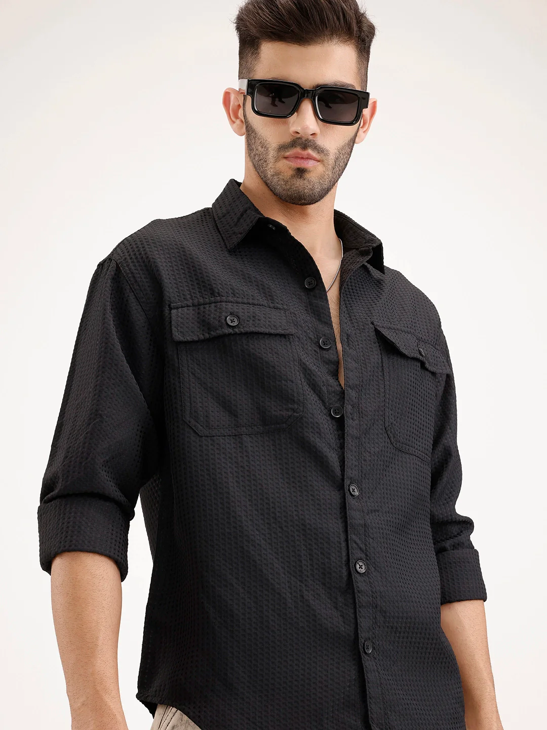 Oversized Fit Double Pocket Textured Shirt | Black