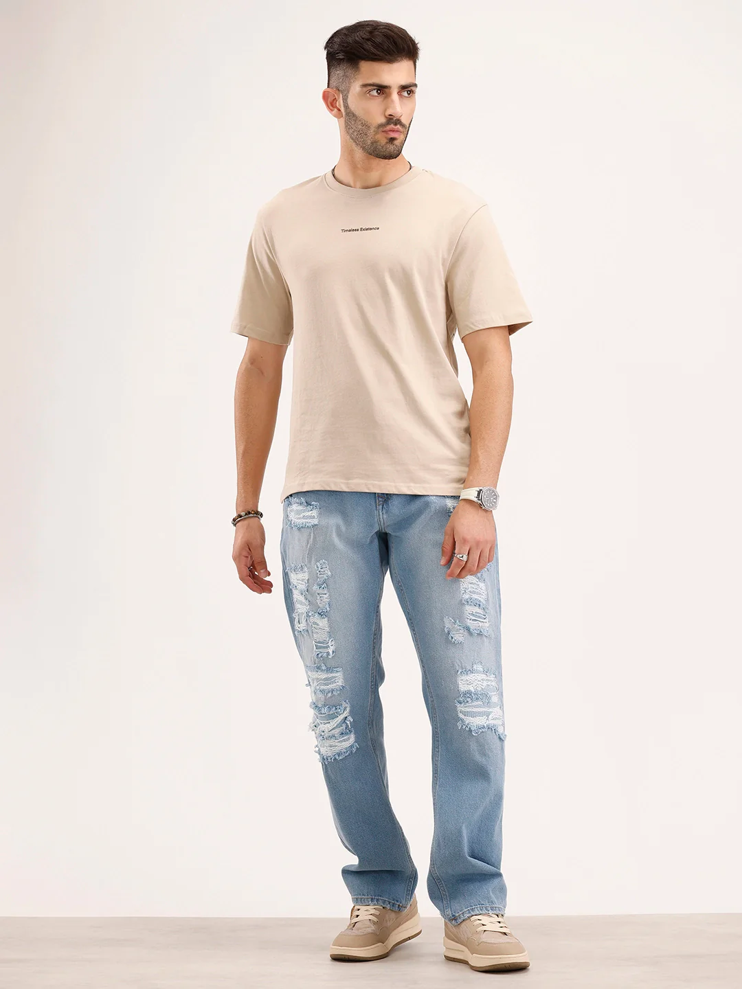 Oversized Fit Placement Printed T-Shirt | Beige - Image 2
