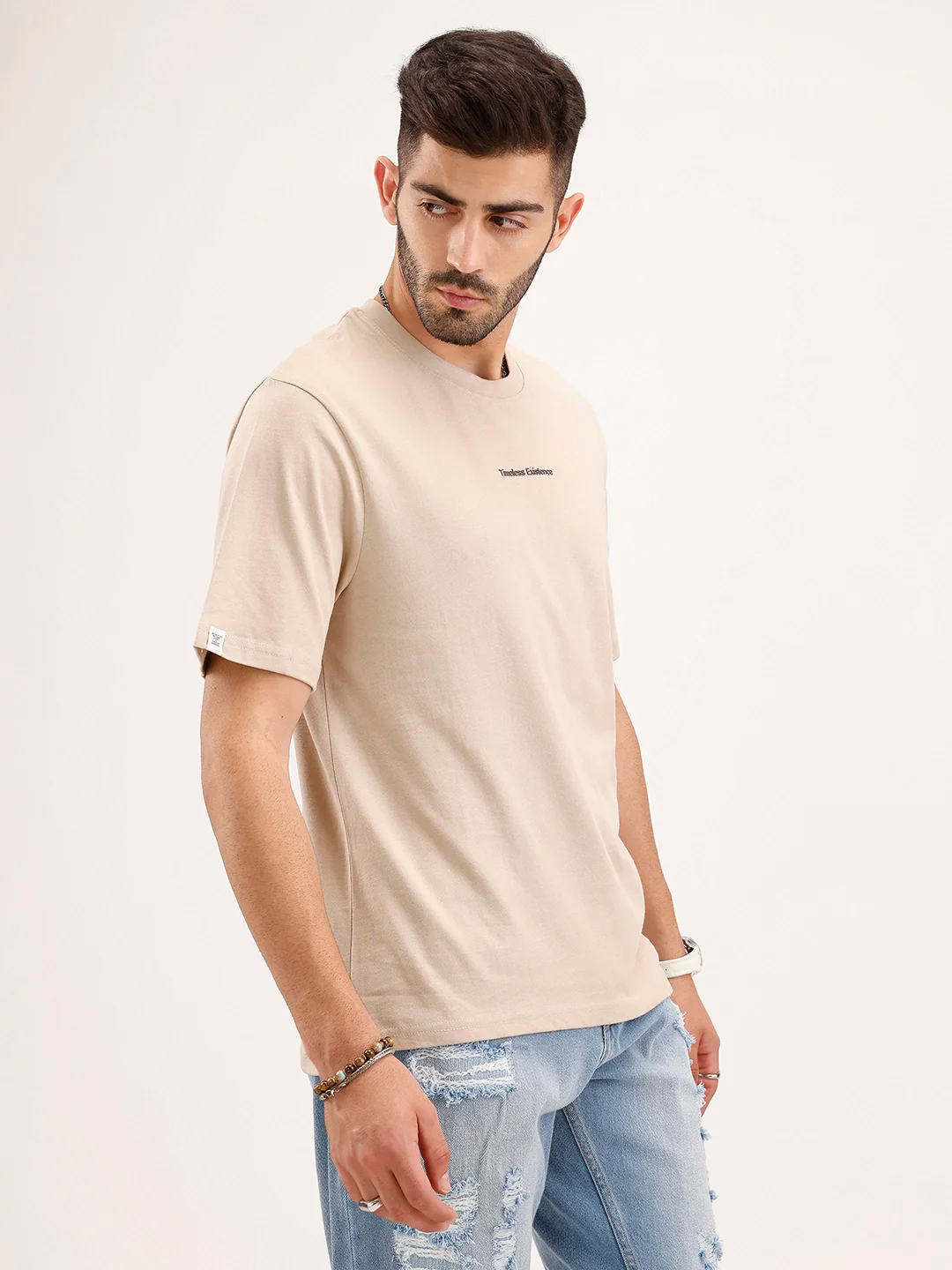 Oversized Fit Placement Printed T-Shirt | Beige - Image 4