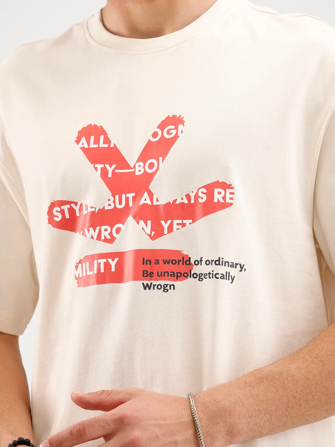 Oversized Fit Placemet Printed T-Shirt | Beige - Image 5