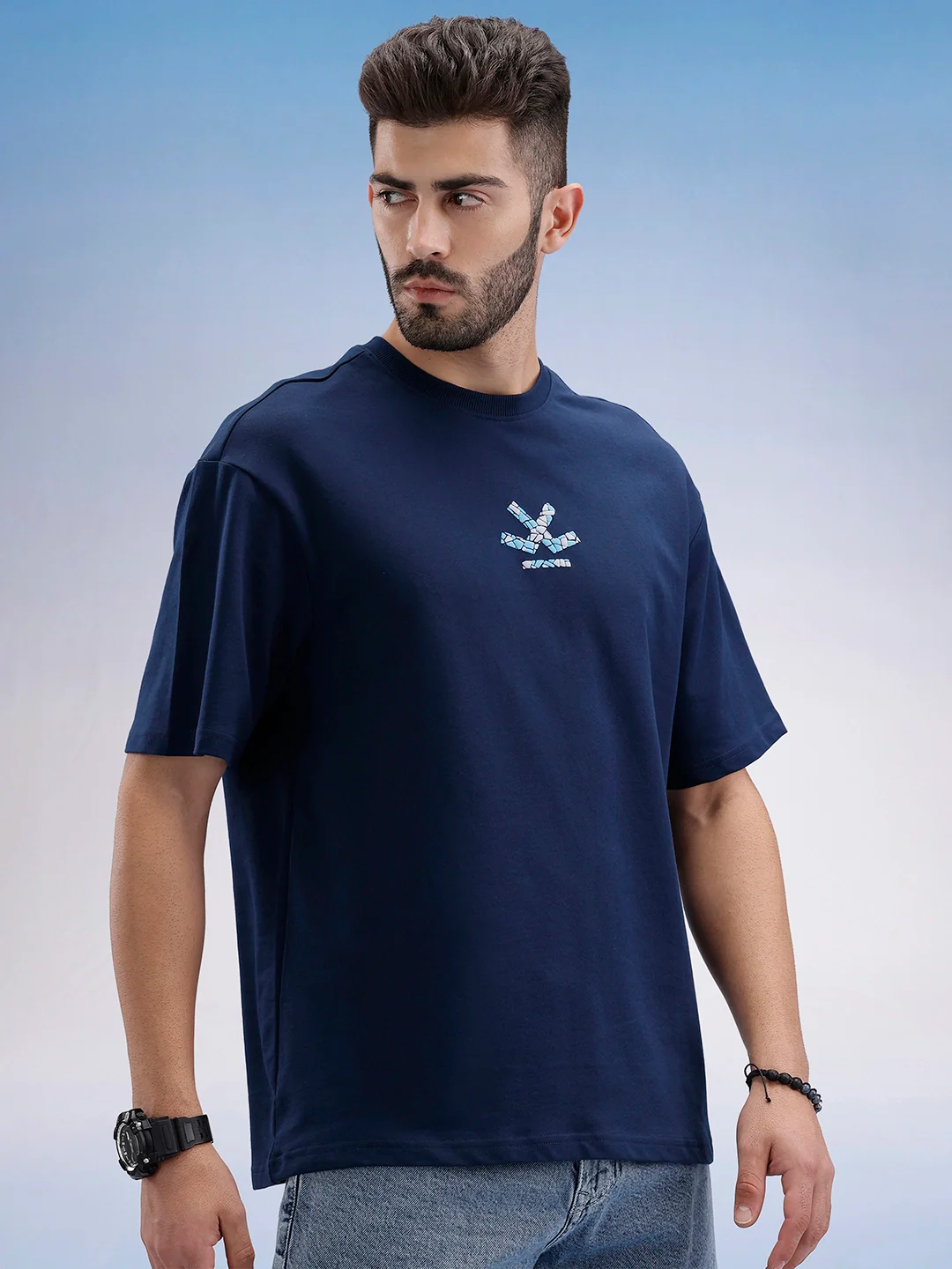 Oversized Fit Puffer Back Printed T-Shirt | Navy Blue - Image 4