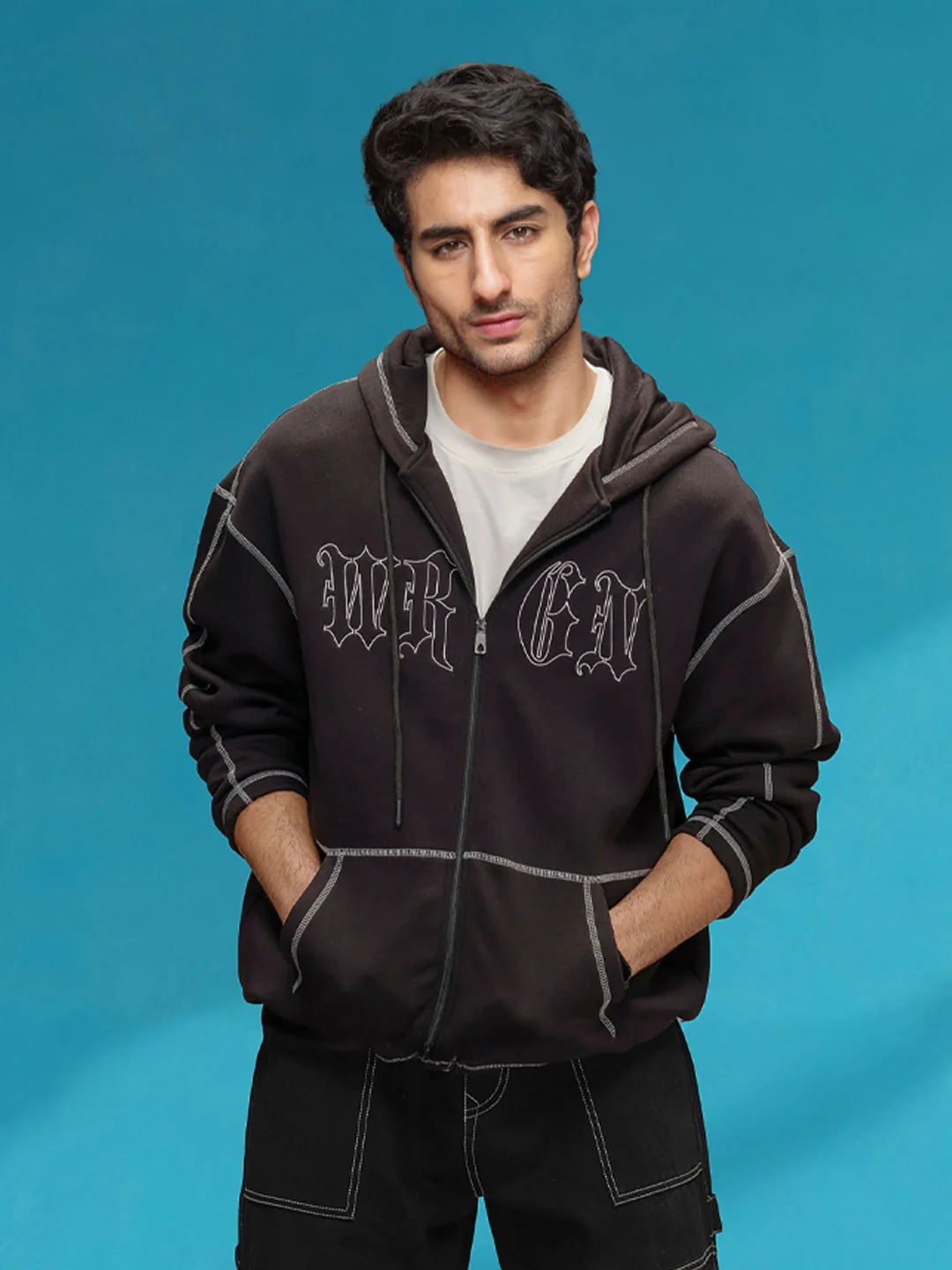 Oversized Fit Zip-Through Hoodie With Contrast Stitch | Black