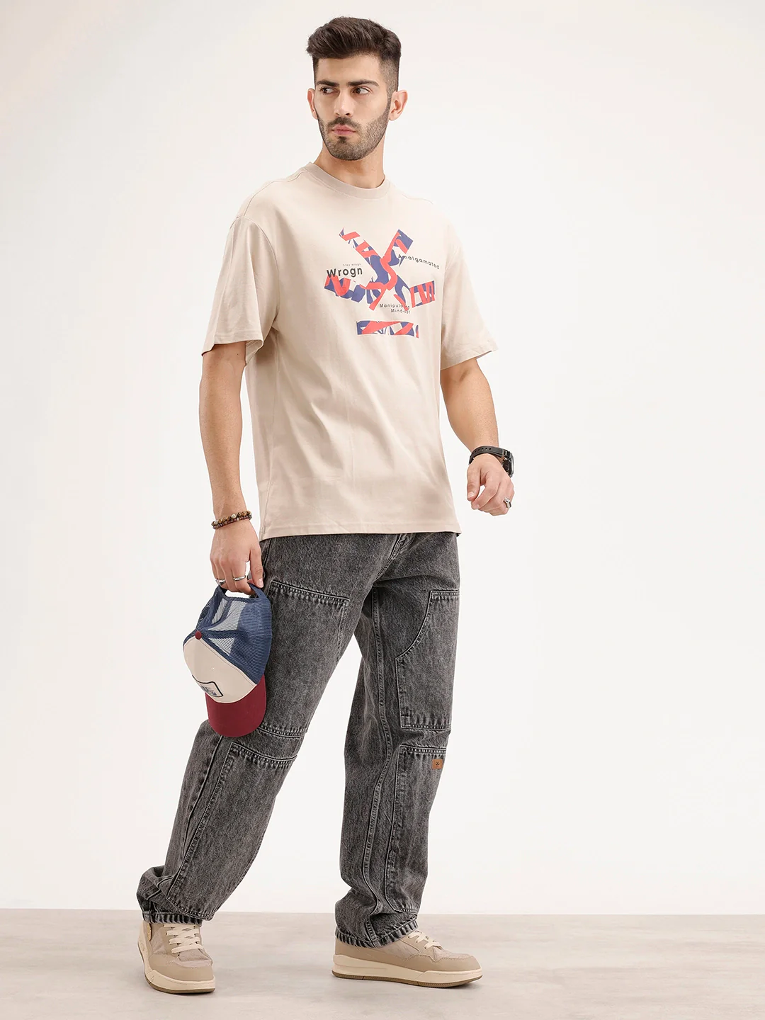 Oversized Placement Printed T-Shirt | Beige - Image 2