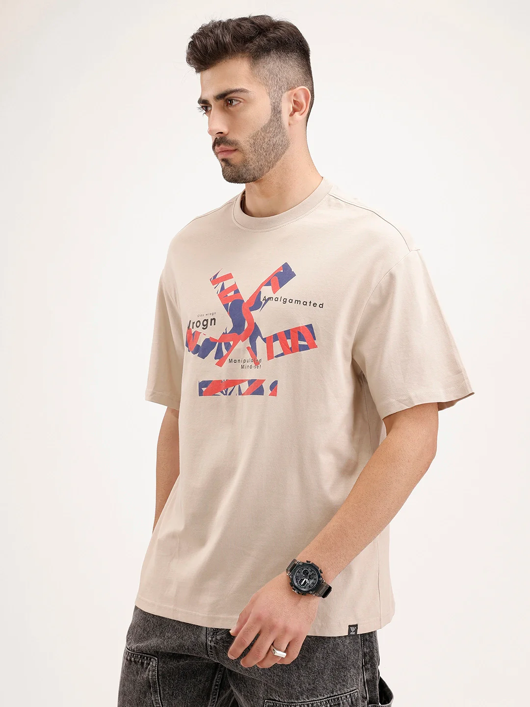 Oversized Placement Printed T-Shirt | Beige - Image 4