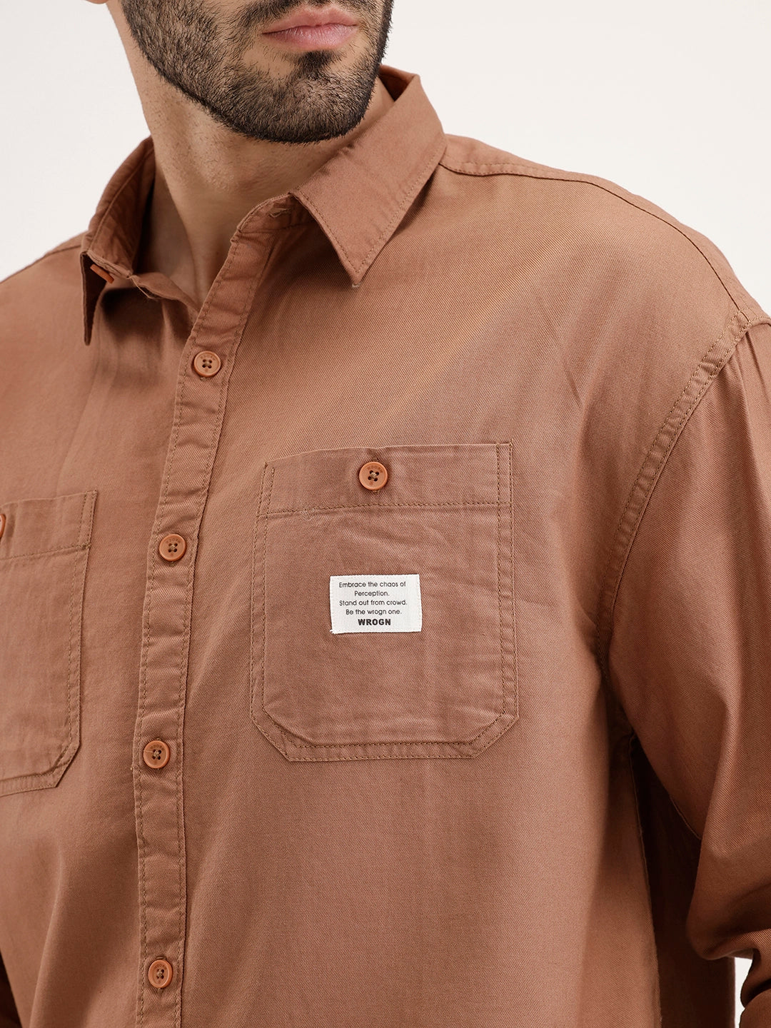 Oversized Solid Double Pocket Shirt | Khaki - Image 5