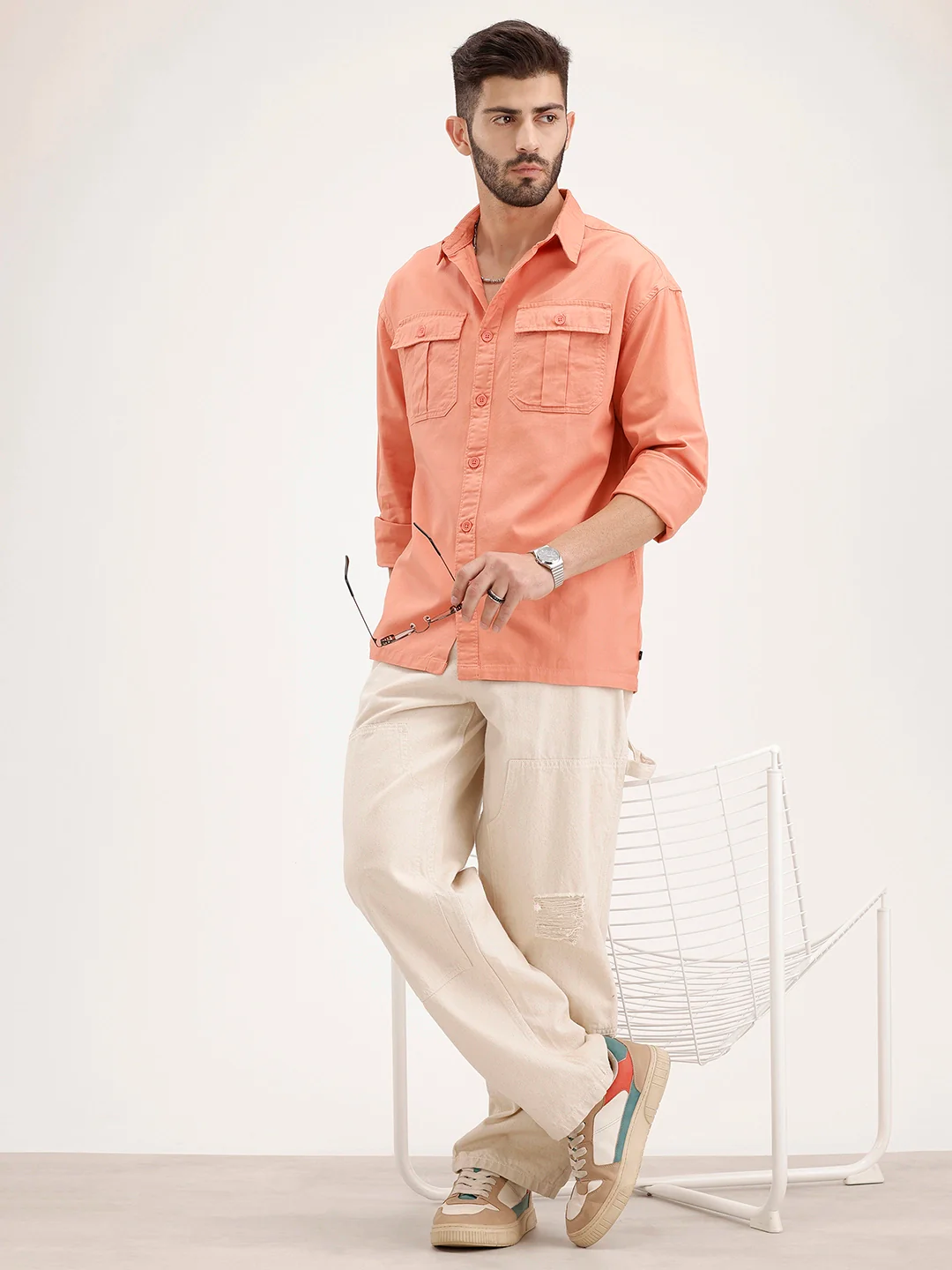 Oversized Solid Double Pocket Shirt | Peach - Image 2