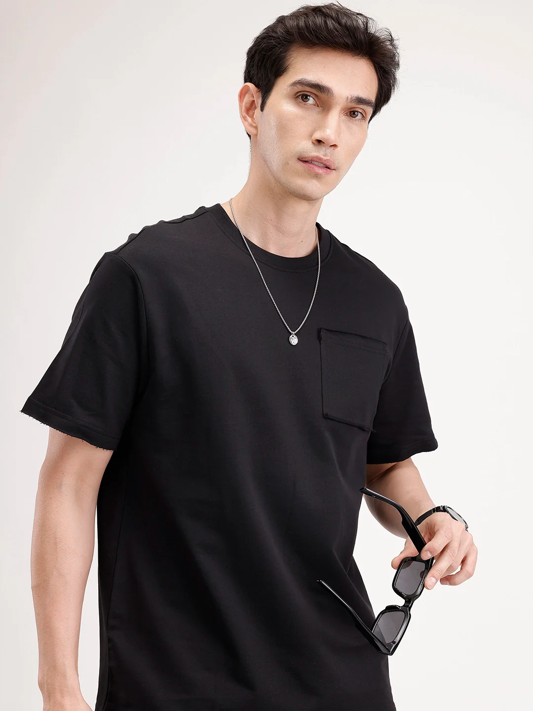 Oversized Solid Patch Pocket T-Shirt | Black