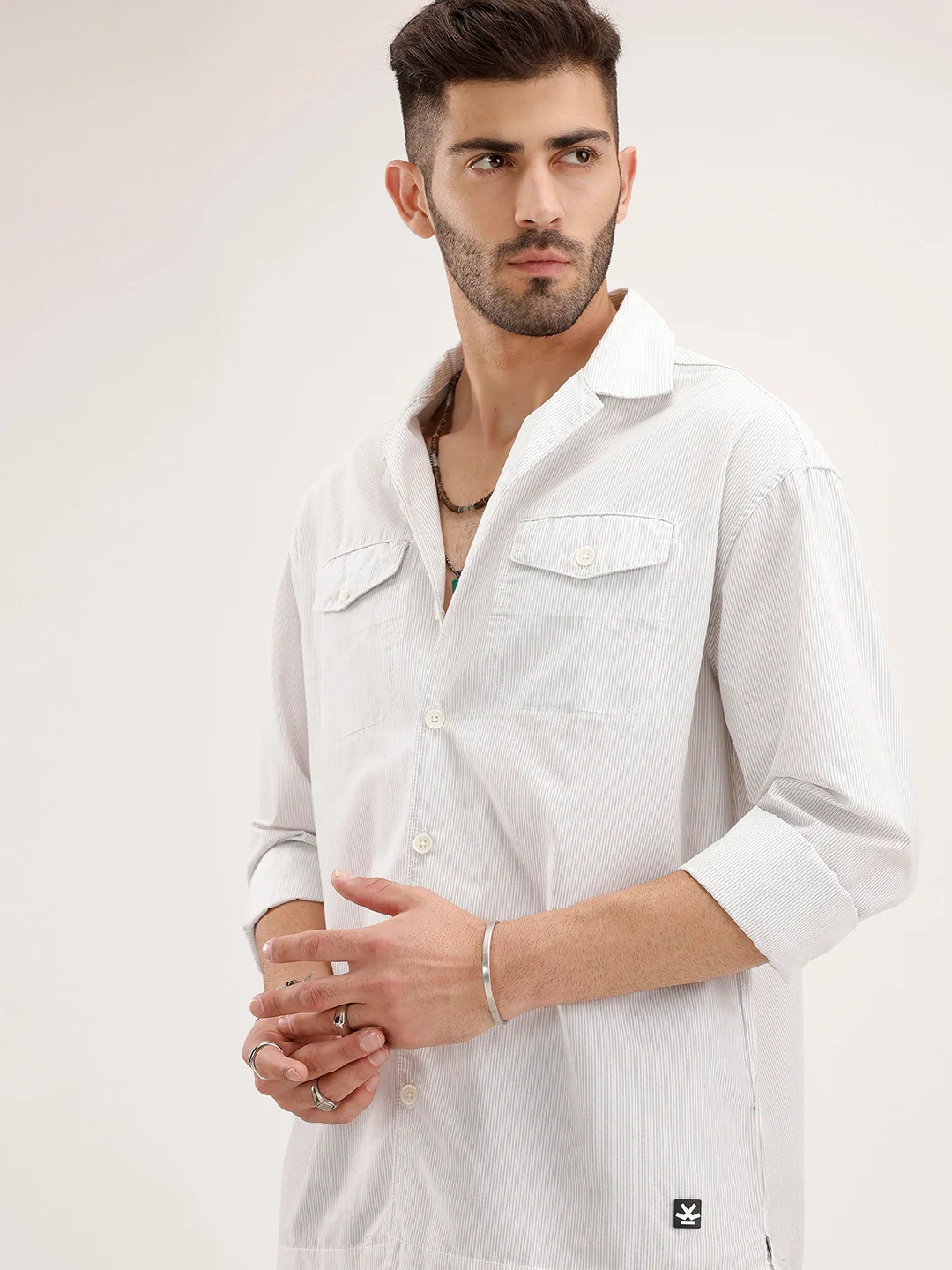 Oversized Striped Double Pocket Shirt | Off White