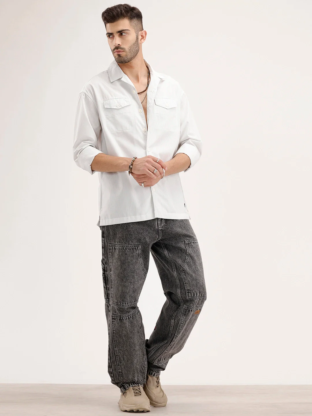 Oversized Striped Double Pocket Shirt | Off White - Image 2