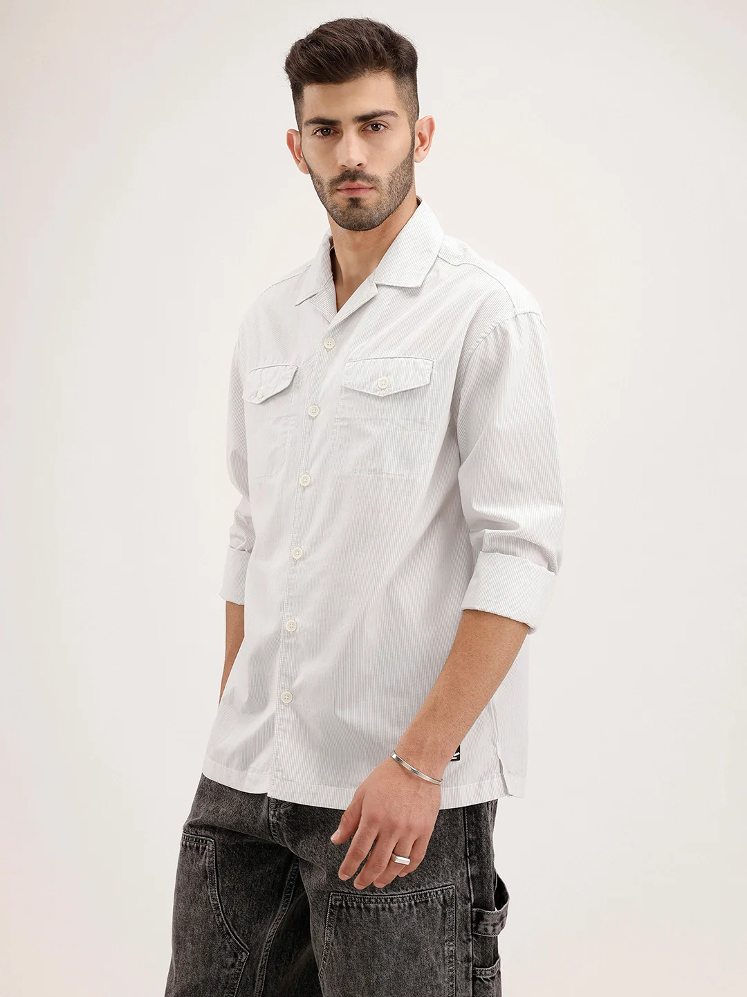 Oversized Striped Double Pocket Shirt | Off White - Image 4