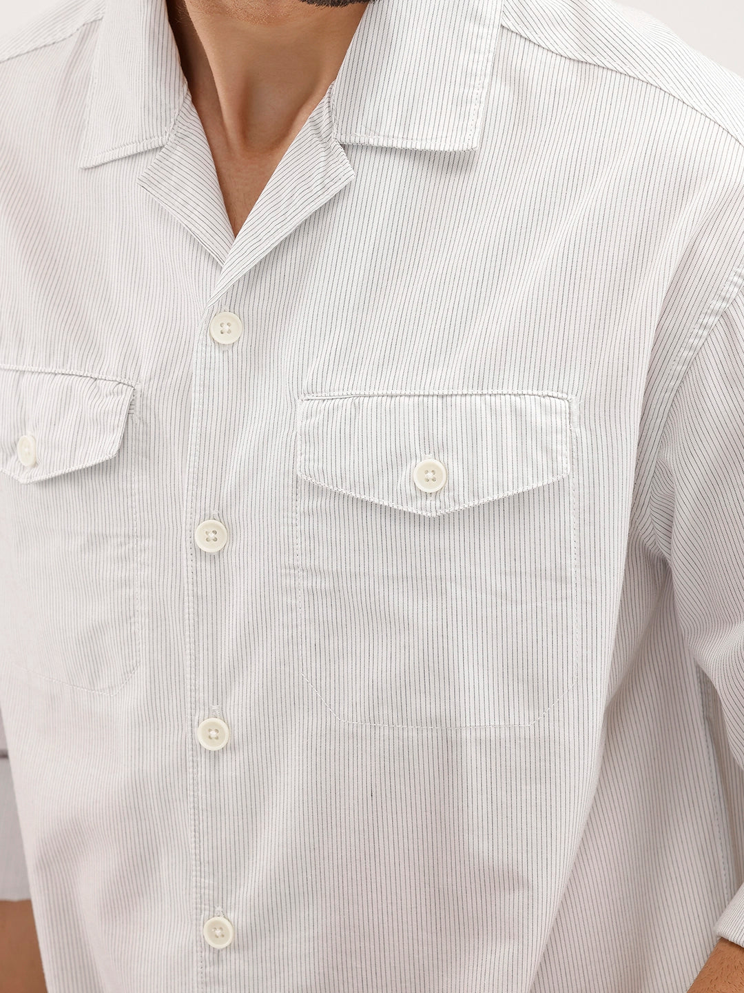 Oversized Striped Double Pocket Shirt | Off White - Image 5