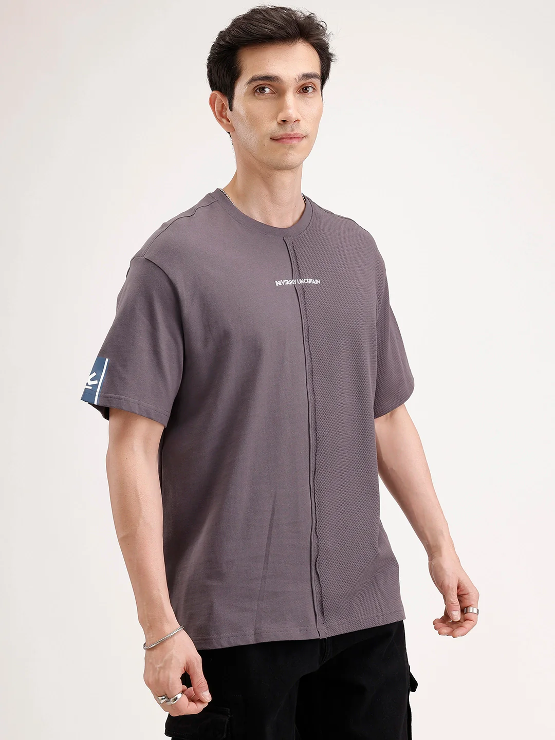 Oversized Textured Cut & Sew T-Shirt | Dark Grey - Image 4