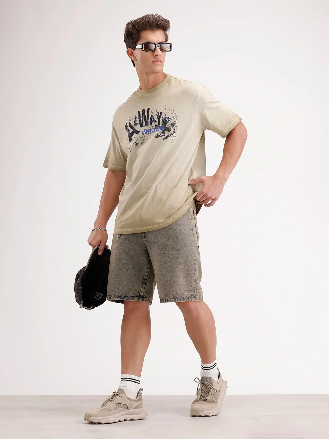 Oversized Washed Placement Printed T-Shirt | Khaki