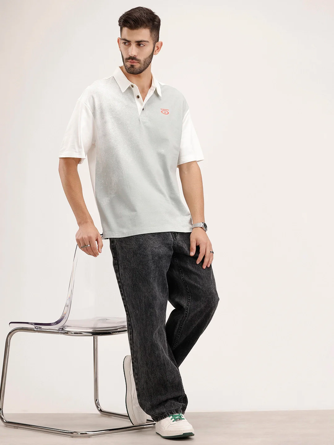 Panel Printed Polo T-Shirt | Off White - Image 2