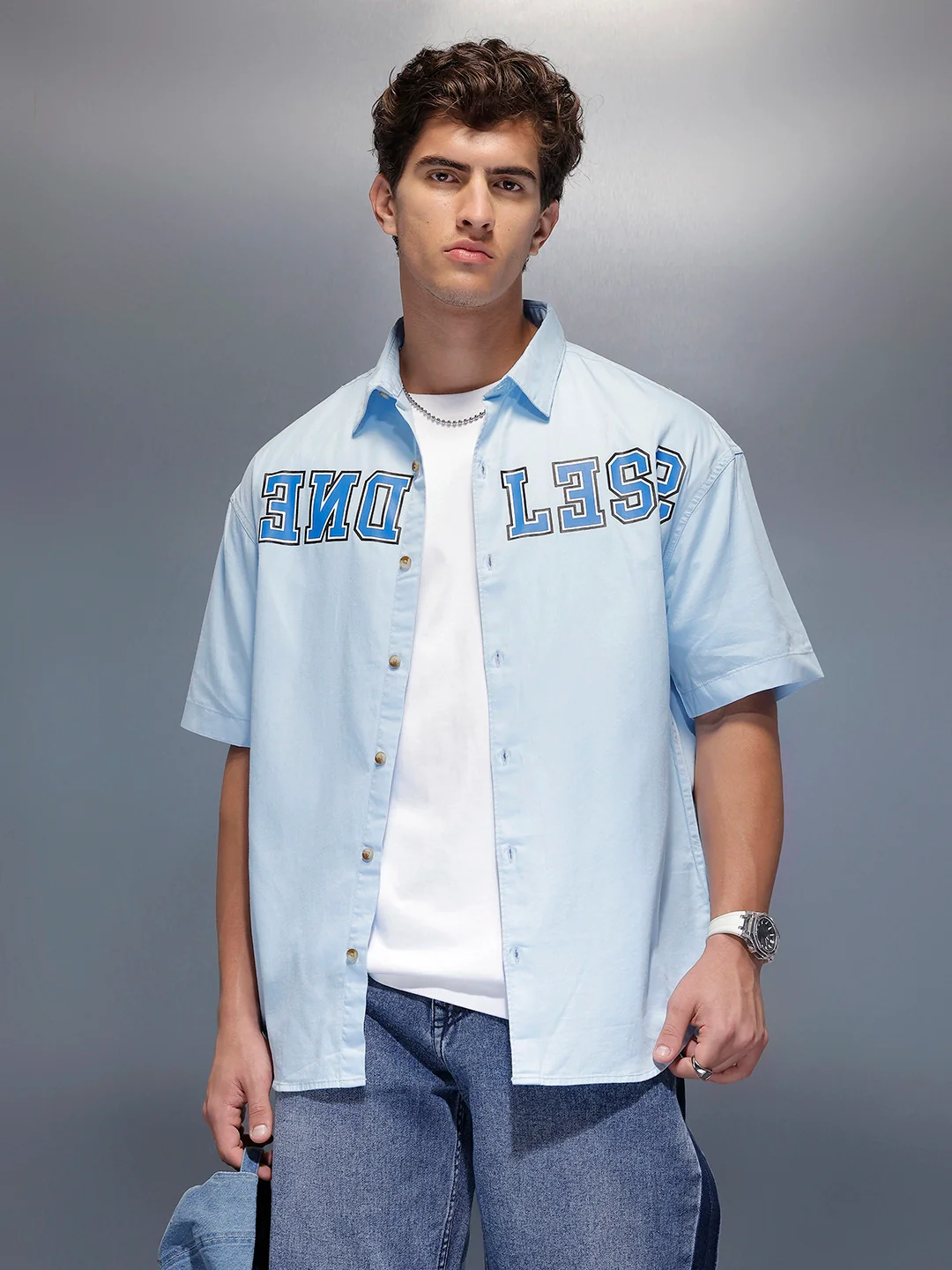 Placement Printed Oversized Shirt | Blue