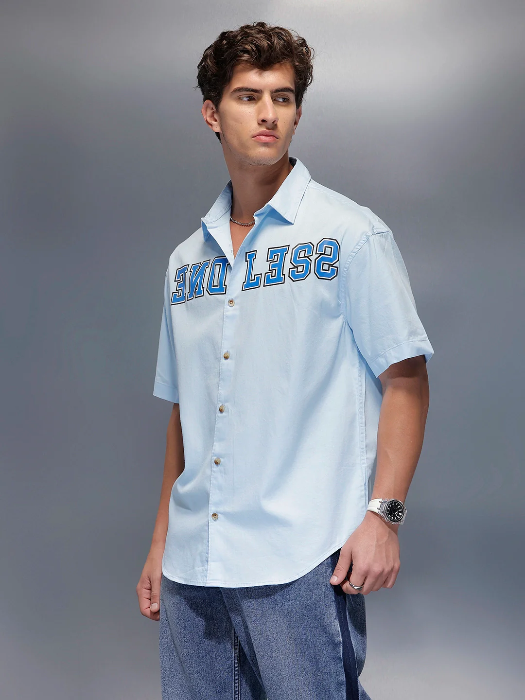 Placement Printed Oversized Shirt | Blue - Image 4
