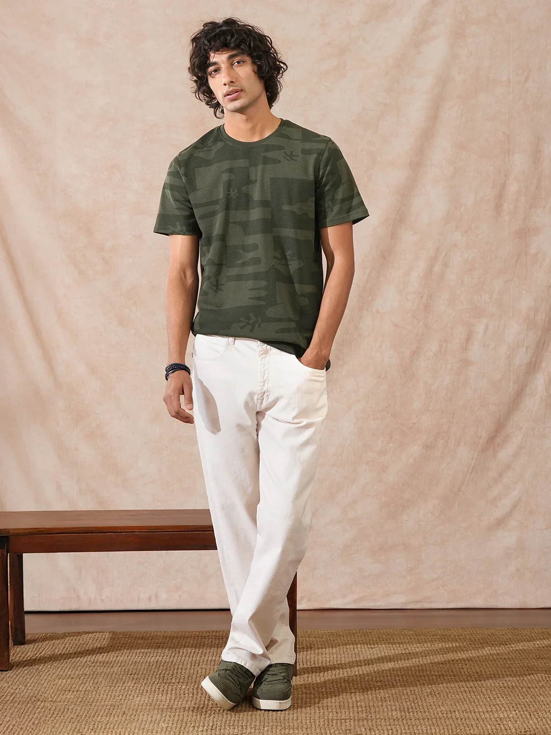 Popcorn Textured AOP T-Shirt | Olive - Image 2