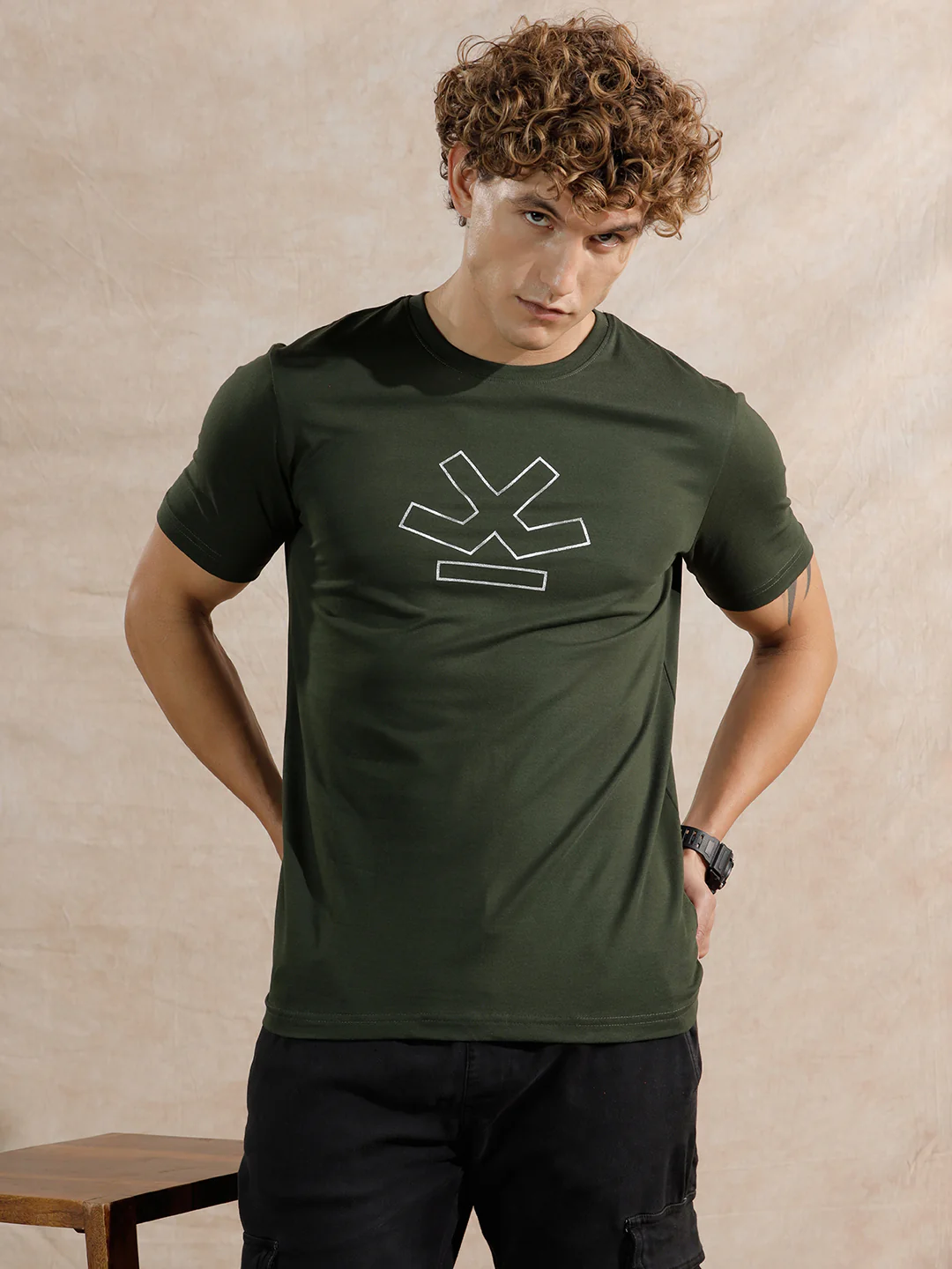Silver Foil Print Slim Fit T-Shirt | Olive - Image 2