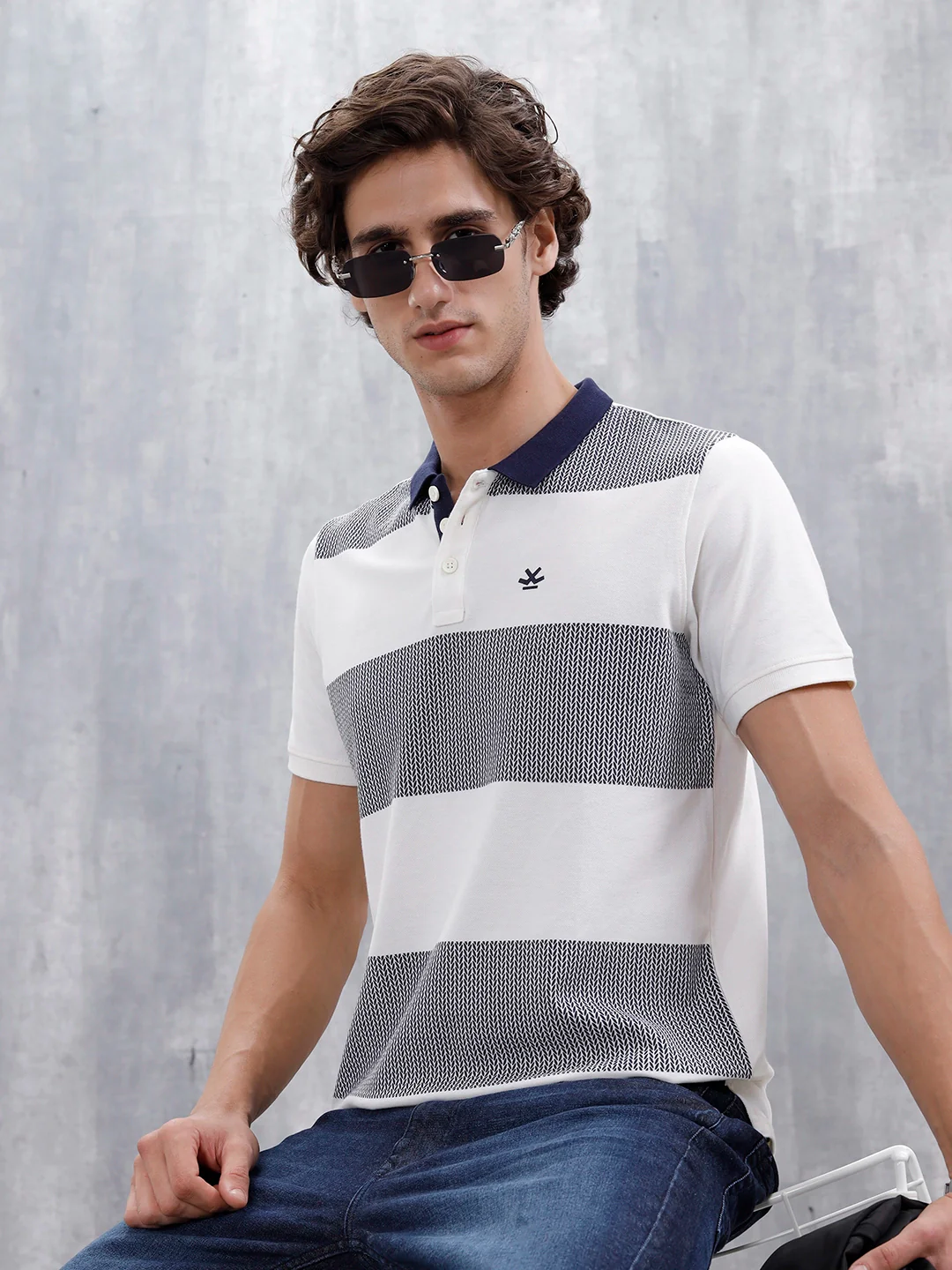 Regualr Fit Striped Printed Polo Tshirt | White
