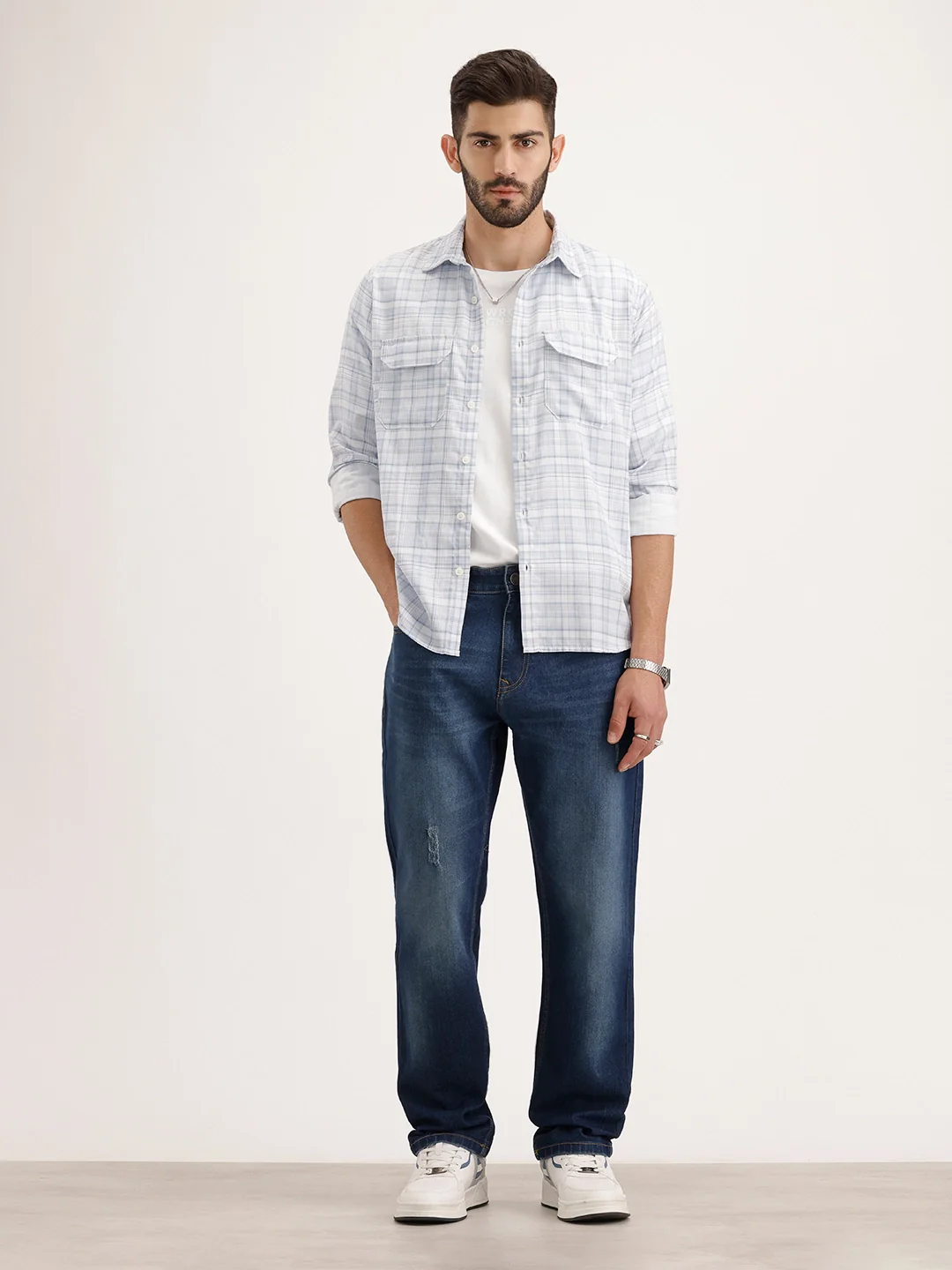 Regular Fit Double Pocket Full Sleeve Shirt | Light Blue - Image 2