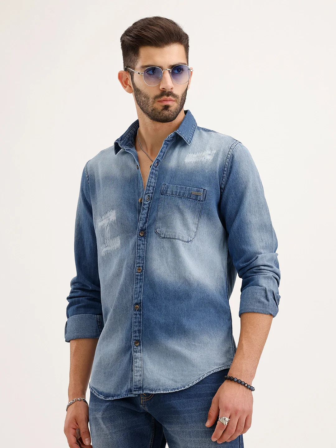 Regular Fit Faded Denim Shirt | Light Blue