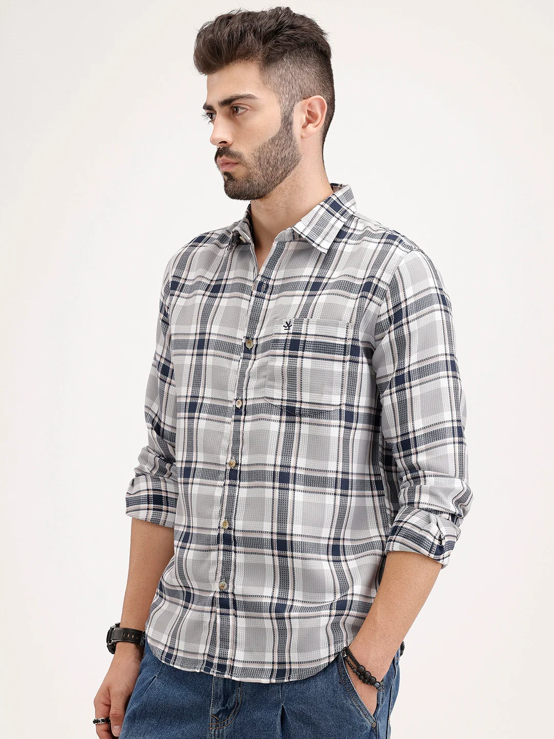 Regular Fit Textured Checkered Shirt | Blue - Image 4