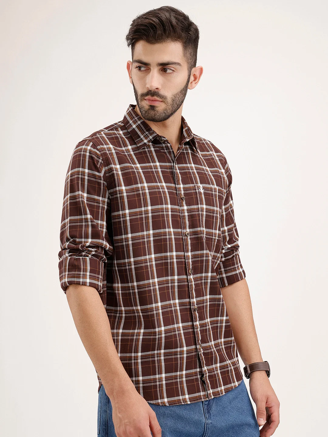 Regular Fit Textured Checkered Shirt | Dark Brown - Image 4